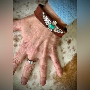 Leather Bracelet with sterling thunderbird , up to 7” wrist